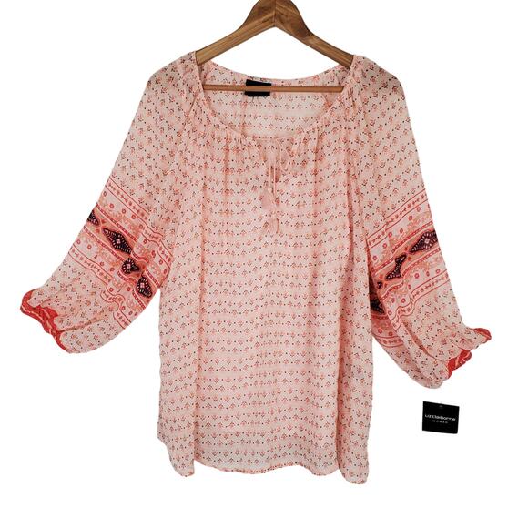 NWT Liz Claiborne Sheer Orange Multicolor Print Scoop Neck Attached Cami 1X - Picture 1 of 7
